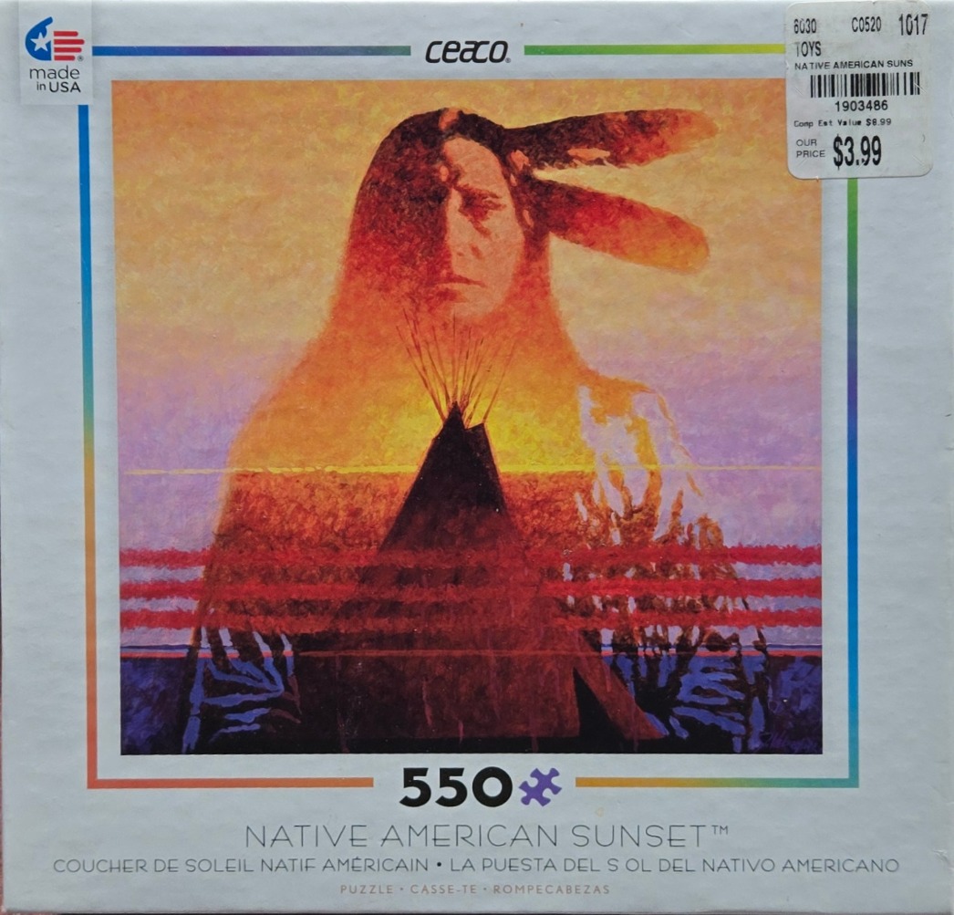 A double-exposed portrait of a Native American man and a teepee silhouette against a sunset sky.