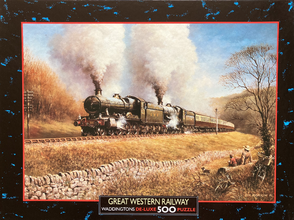 Painting of a Great Western Railway steam locomotive pulling carriages through a rural landscape.