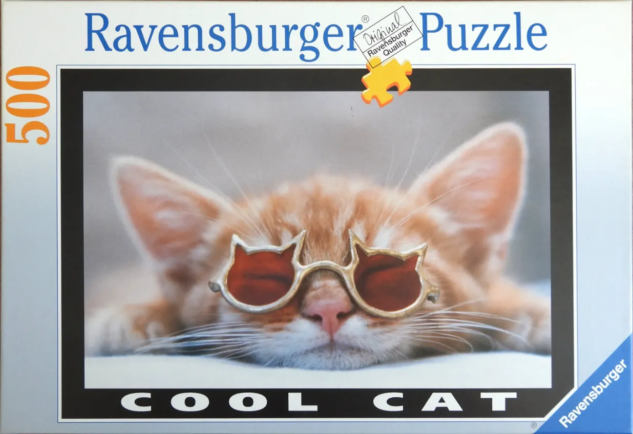 Close-up photograph of an orange tabby kitten wearing small cat-shaped sunglasses.