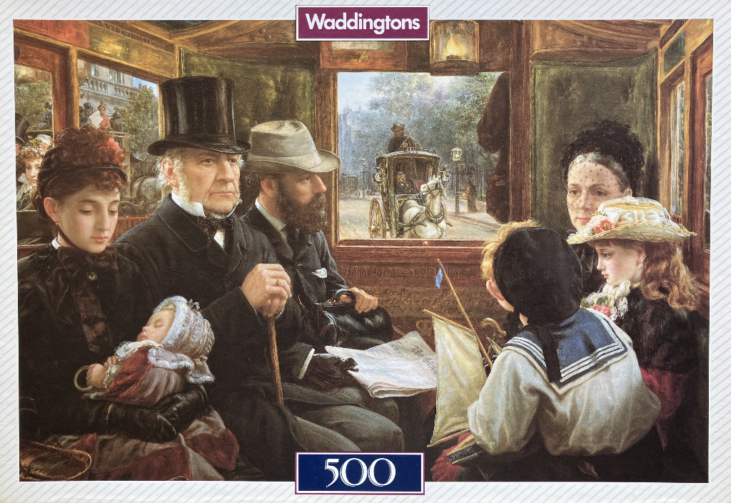 Victorian passengers inside a horse-drawn omnibus, depicted in a detailed 19th-century oil painting.