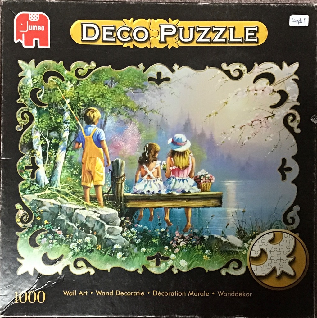 An illustration of three children sitting on a wooden dock by a misty lake surrounded by lush greenery and flowers.