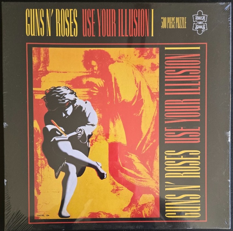 A reproduction of the Use Your Illusion I cover art, featuring a seated figure sketching a standing figure.