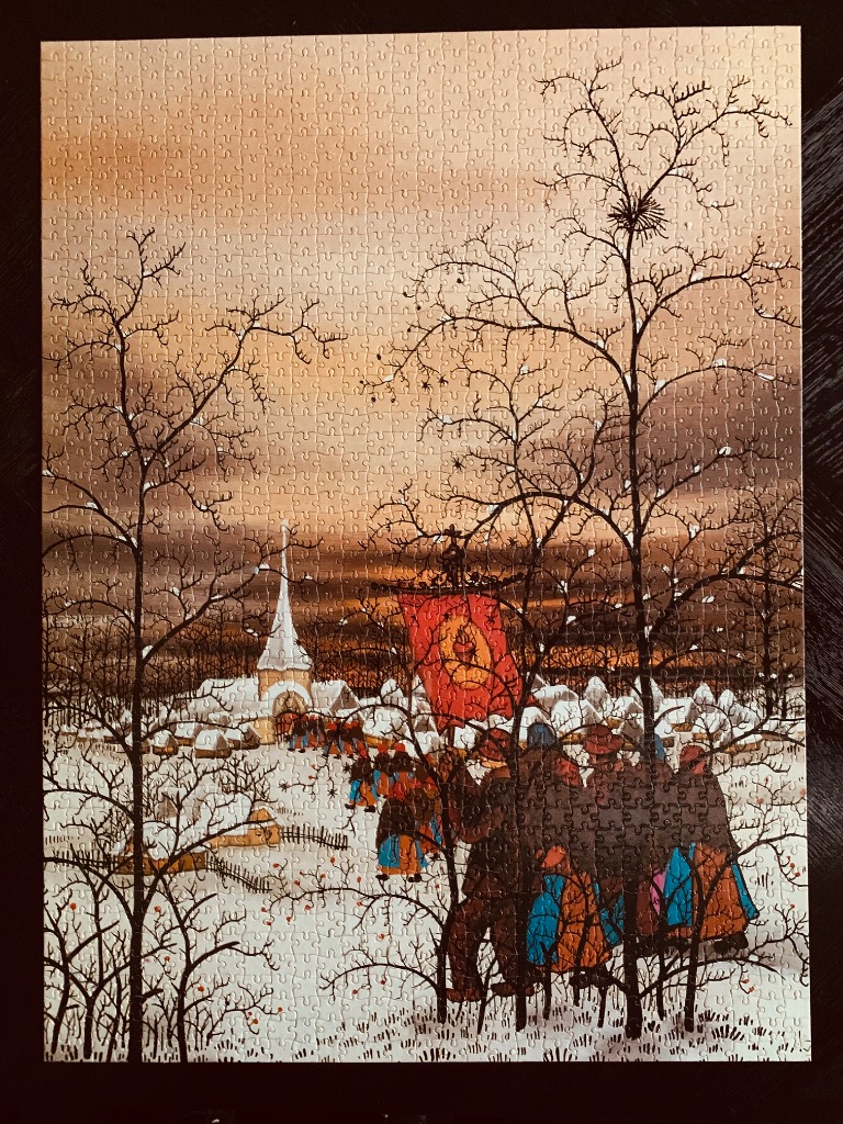 An illustration of a winter religious procession walking through snow toward a church at twilight.