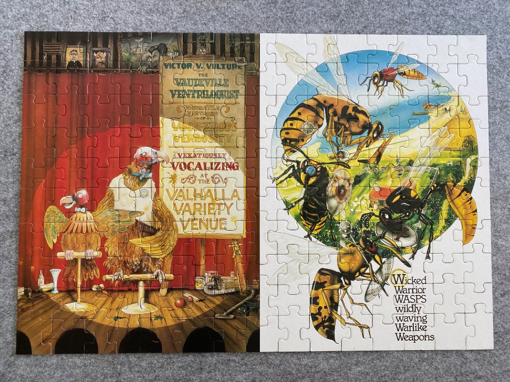 A split-panel illustration featuring a vulture ventriloquist on the left and a group of aggressive wasps on the right.