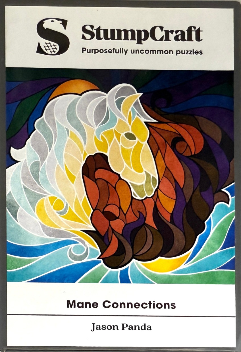 Stained-glass style illustration of two horses facing each other, one in cool blue and white tones, the other in warm earth t