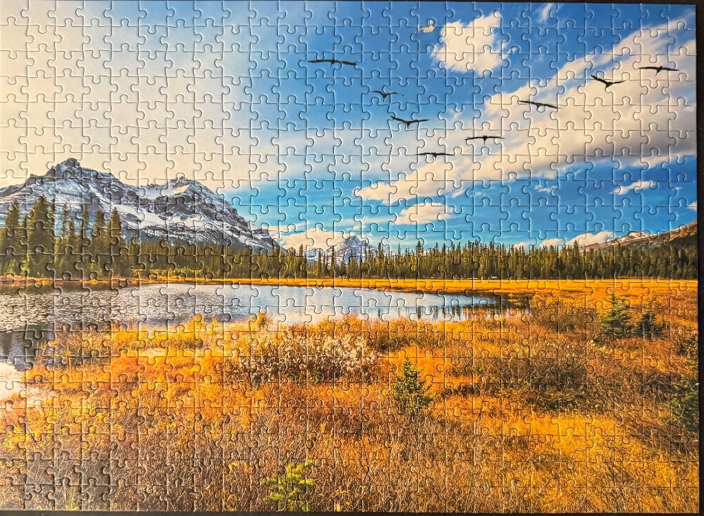 A scenic autumn landscape with a golden marsh, a still lake, distant snow-capped mountains, and birds flying overhead.