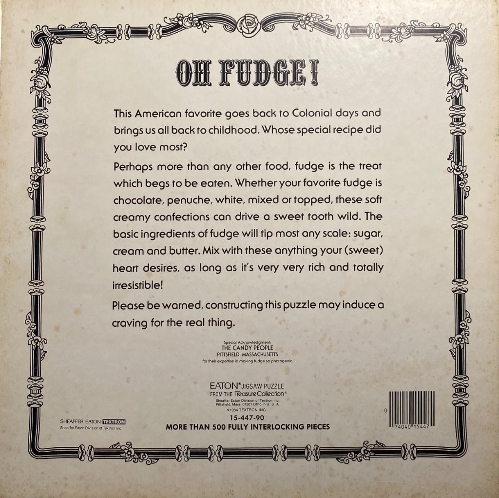 "Oh Fudge!" text on a cream background with decorative border.
