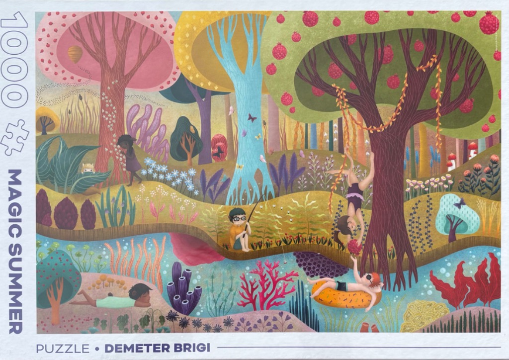 Whimsical illustration of children playing in a colorful, surreal forest landscape with a pond.