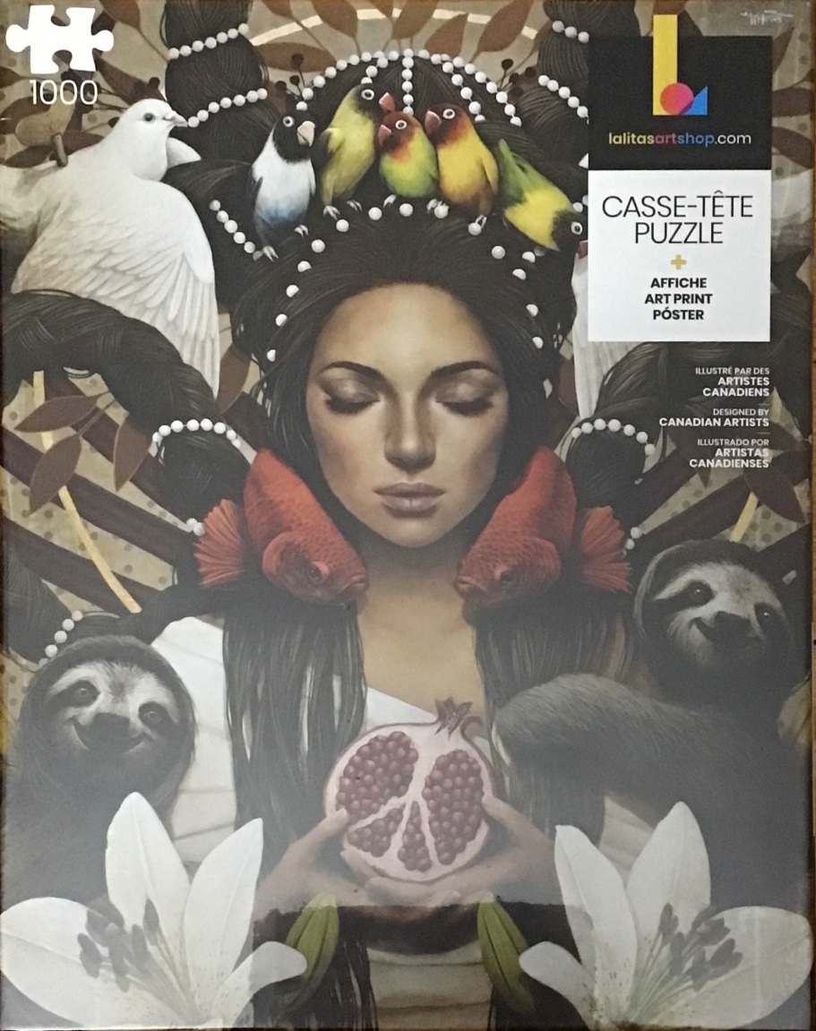 Digital illustration of a serene woman surrounded by birds, sloths, and flowers with a pomegranate in her hands.