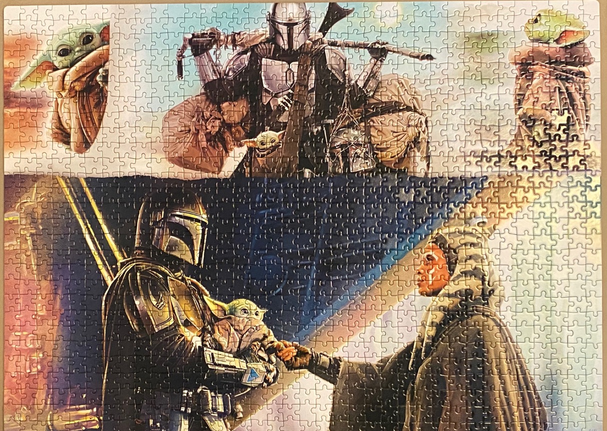 Collage of The Mandalorian, Grogu, and Ahsoka Tano in a sci-fi art style