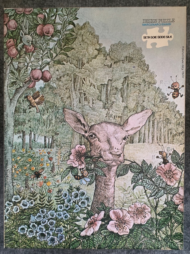 Illustration of a young deer in a floral meadow with anthropomorphic insects and an apple tree.