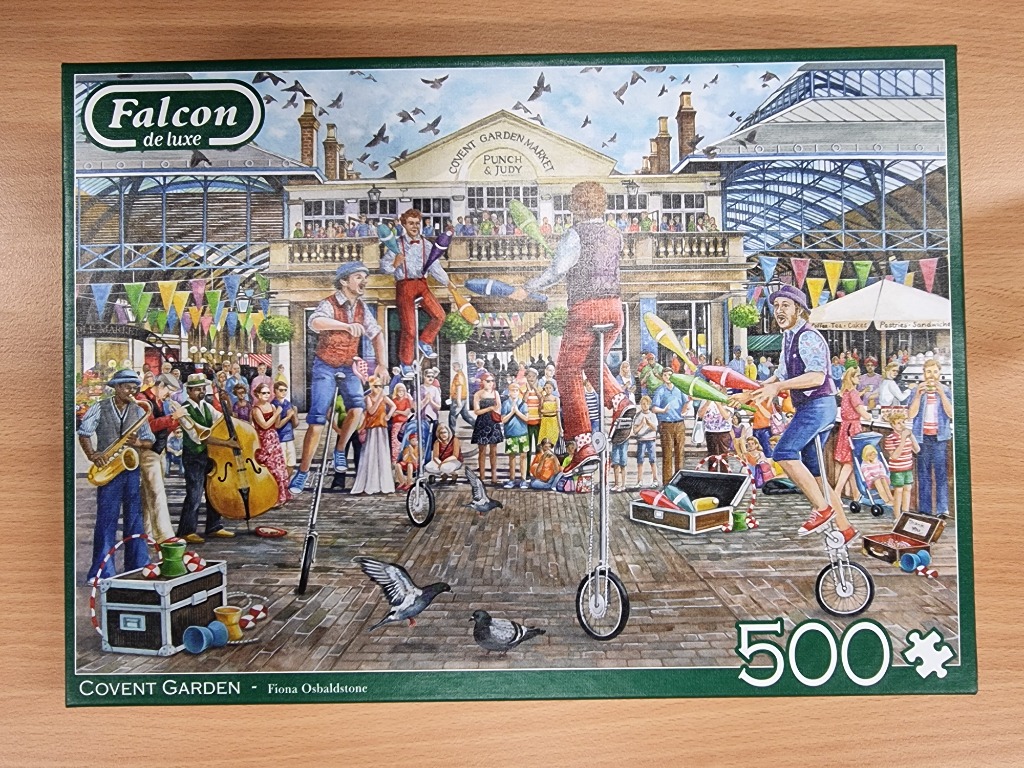 A lively illustration of street performers and musicians entertaining a crowd at the historic Covent Garden Market.