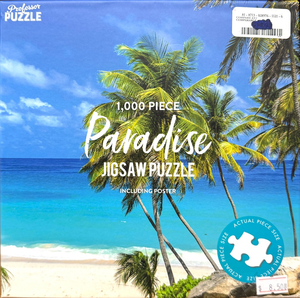 A tropical beach scene with bright blue ocean, sandy shore, and palm trees.