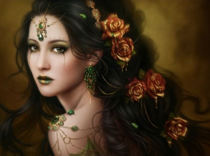 A digital painting of a woman with long black hair adorned with golden-tipped red roses and intricate green jewelry.