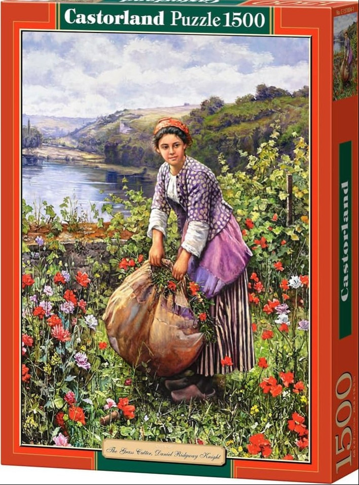 Oil painting of a young woman harvesting grass in a sunlit meadow by a river.