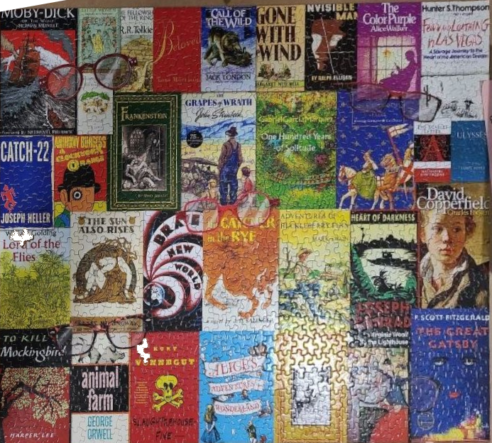 A collage of classic book covers arranged in a grid, overlaid with several pairs of reading glasses.