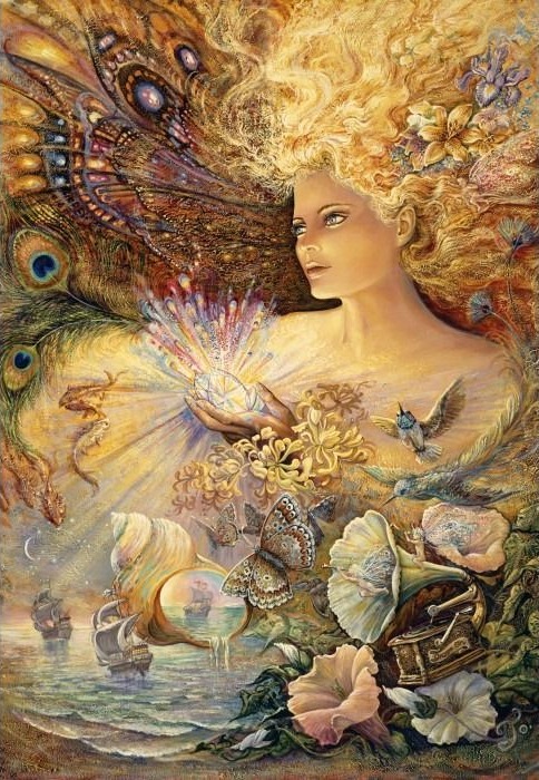 A woman with radiant golden hair holds a glowing gem, surrounded by butterfly wings, flowers, sea shells, and sailing ships.