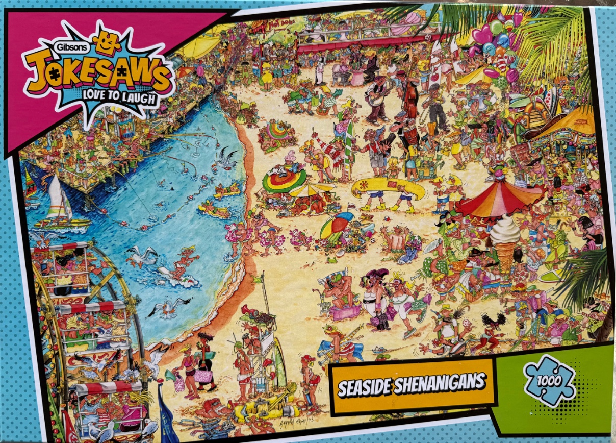 A busy cartoon illustration of a chaotic seaside beach scene filled with many humorous characters.