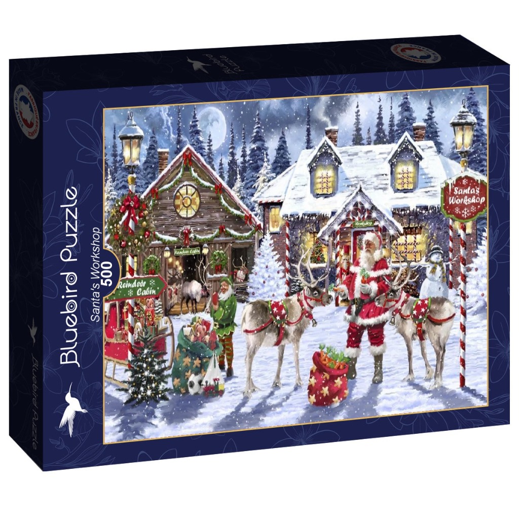 Santa Claus and his reindeer outside a snowy workshop at night