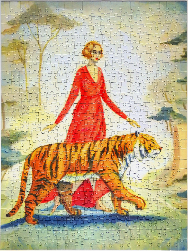 A painting of a woman in a long red dress walking alongside a large tiger in a soft-toned landscape.