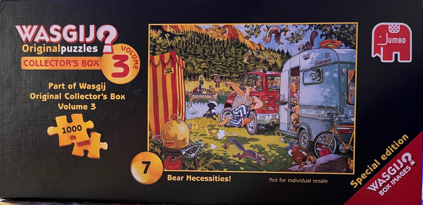 Cartoon of camping scene with RV, car, and forest animals.