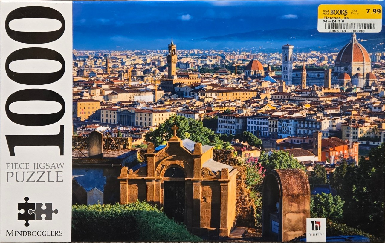 A panoramic photograph of the Florence skyline at dusk featuring historical architecture and a stone cemetery structure.