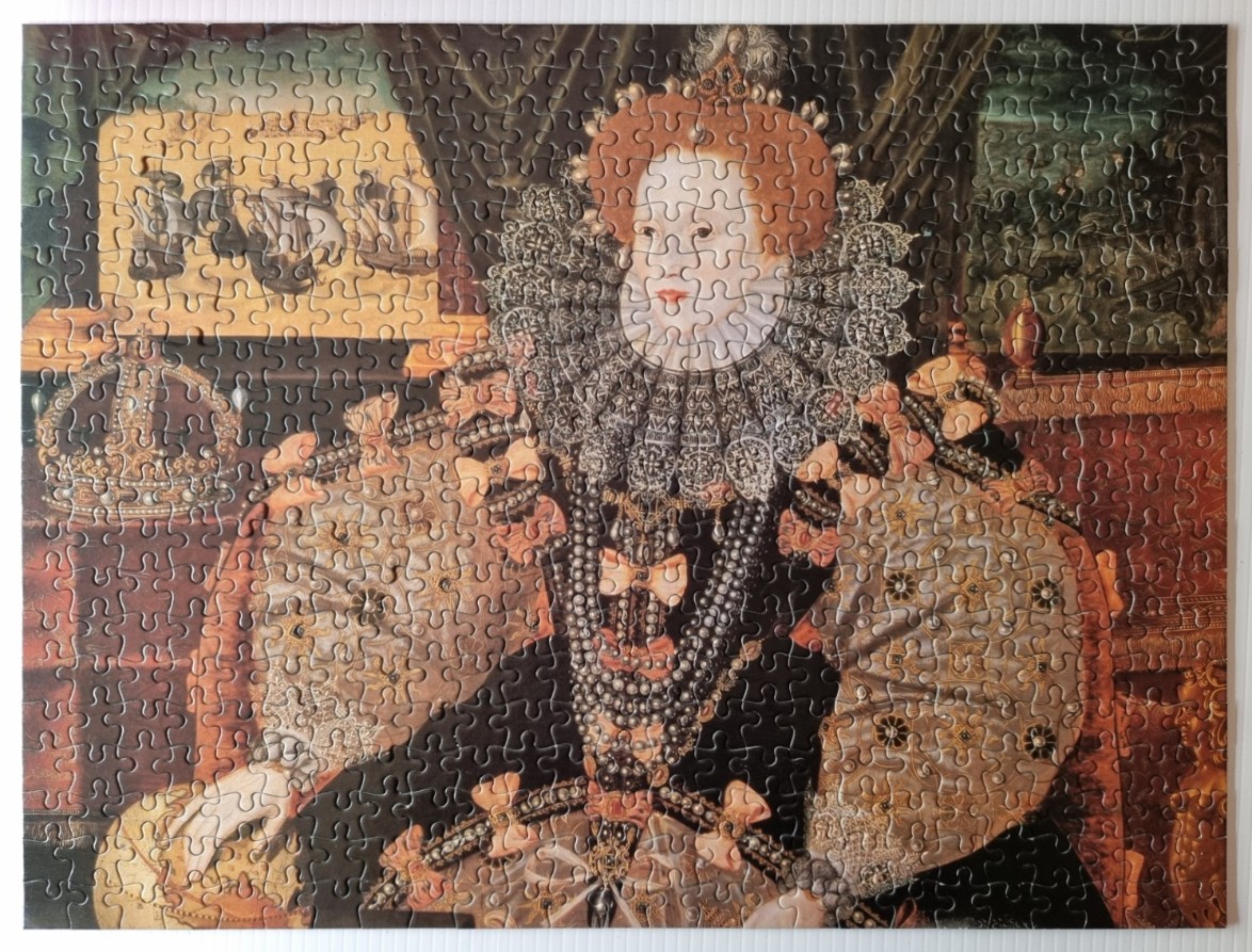 Oil painting of Queen Elizabeth I in an ornate black gown and elaborate lace ruff