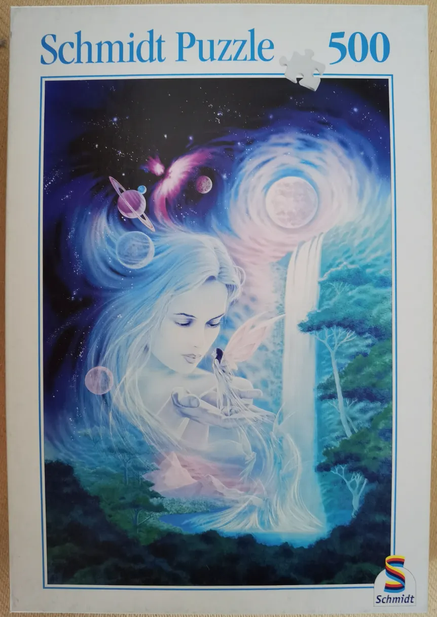 Fantasy artwork of a celestial goddess holding a small fairy before a waterfall and cosmic background.
