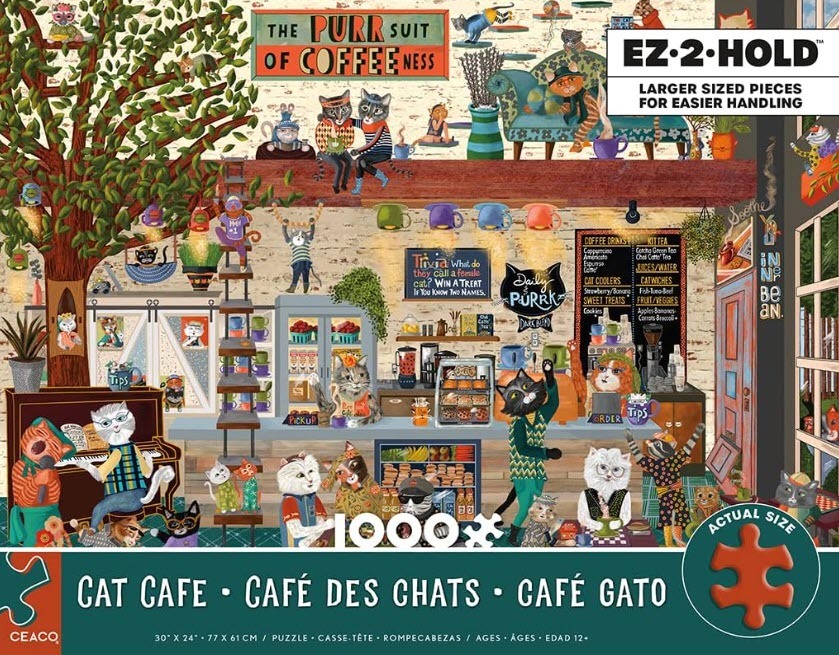 Whimsical illustration of a busy cat cafe filled with cats working as baristas and relaxing in a cozy interior.