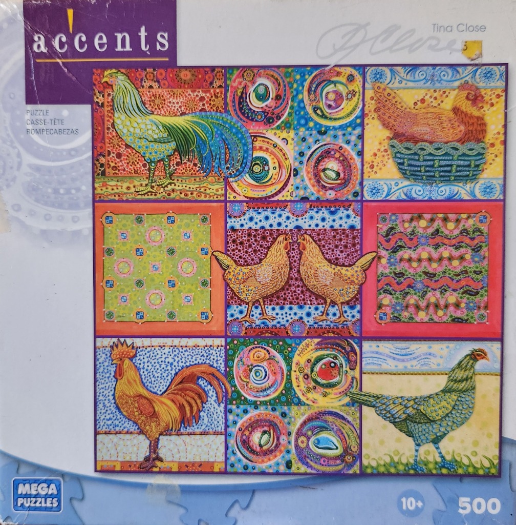 A grid of nine panels featuring colorful, dot-art style chickens and roosters with abstract circular patterns.