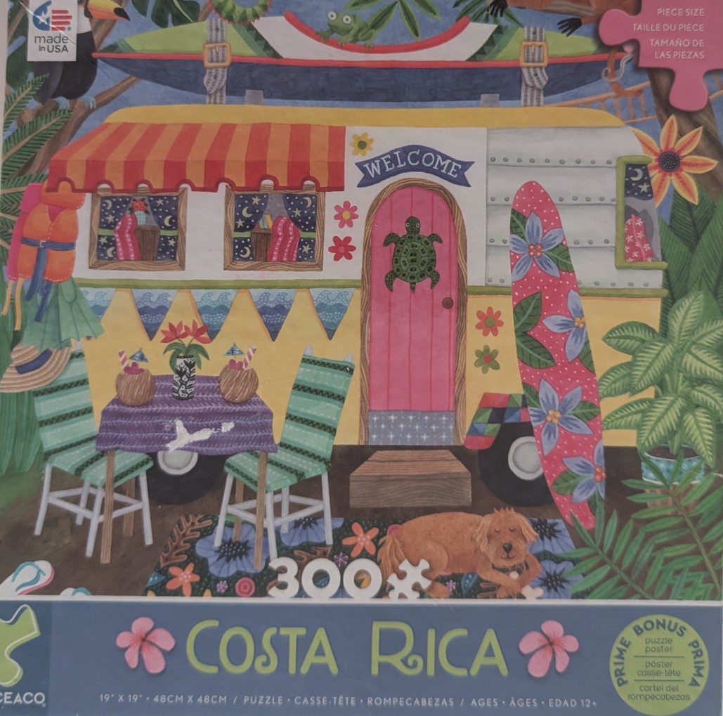 An illustration of a yellow camper van decorated with tropical themes, surfboards, and a cute dog.