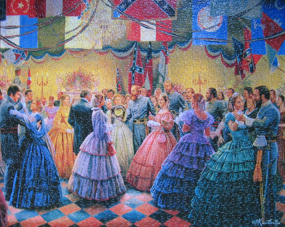 A Civil War era ball with military officers and women in ballgowns under hanging flags.