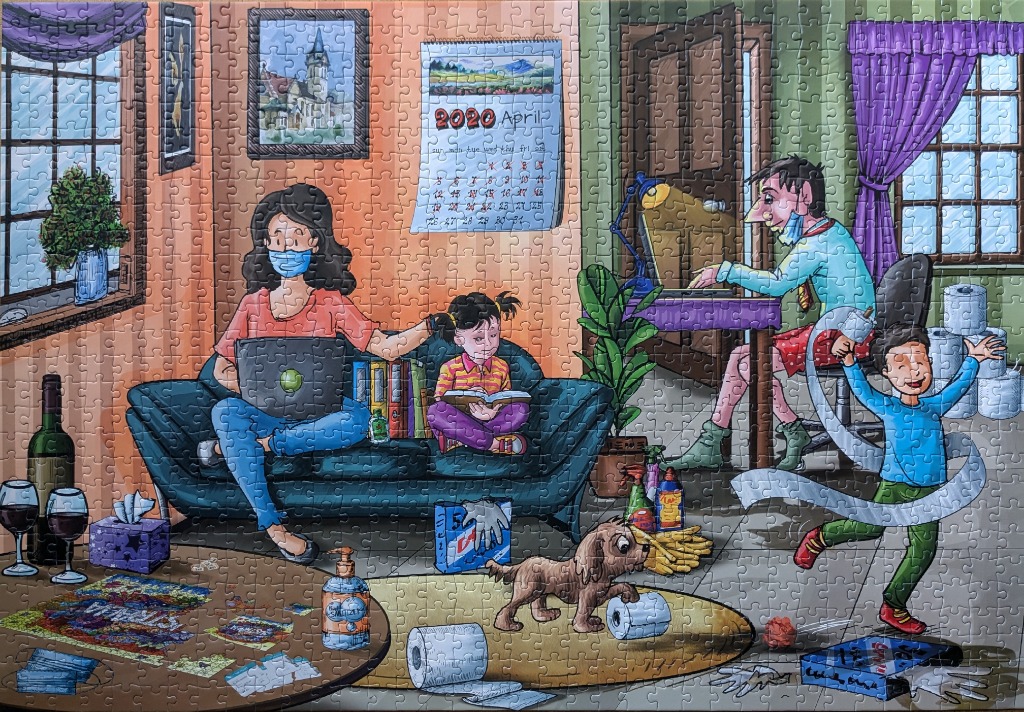 Cartoon family working and playing at home during the 2020 pandemic lockdown.