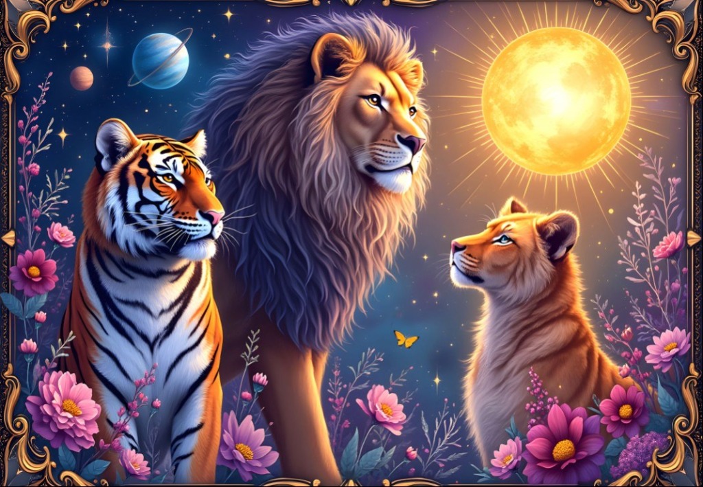 A digital illustration of a lion, tiger, and lioness surrounded by celestial elements and flowers in a golden frame.