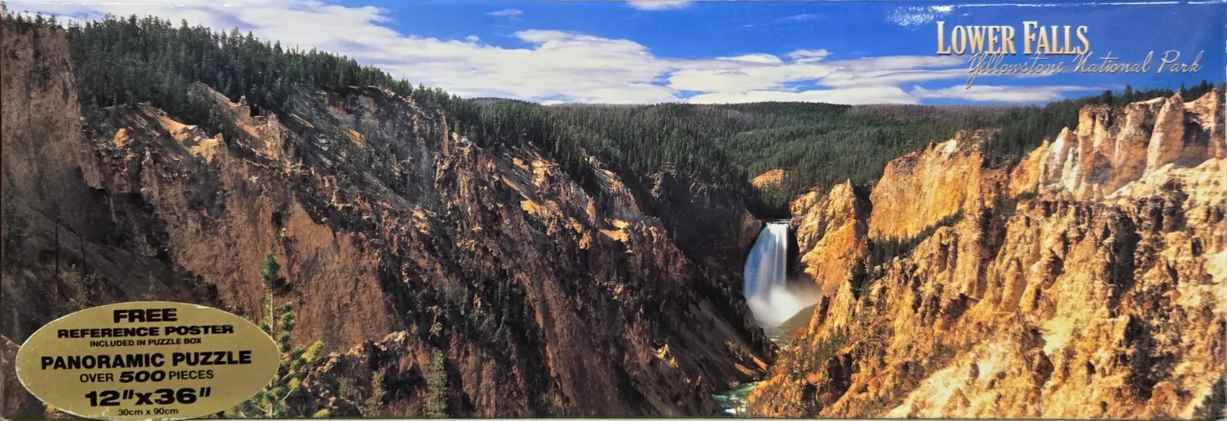 A panoramic landscape photograph of Lower Falls in the Grand Canyon of the Yellowstone.