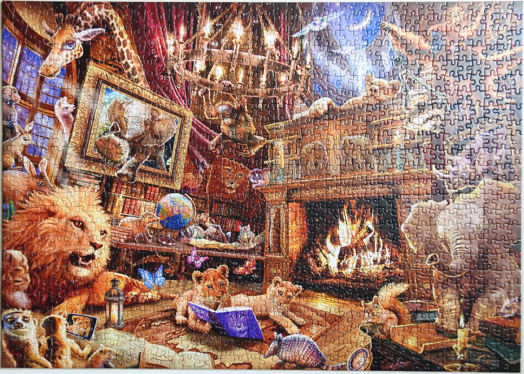 A whimsical illustration of a cozy library filled with various wild animals relaxing by a fireplace.