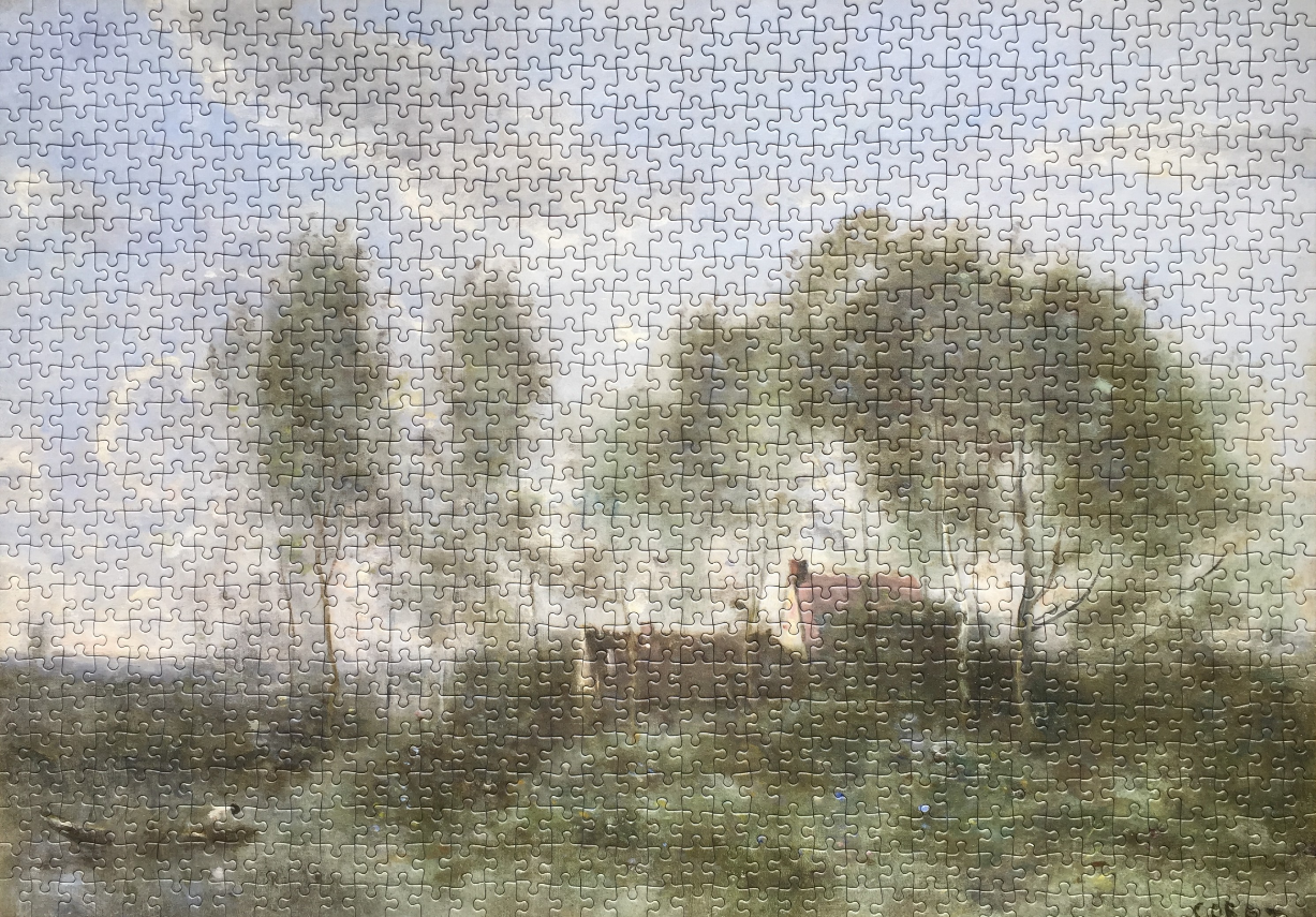 An oil painting of a misty rural landscape featuring trees and a cottage.
