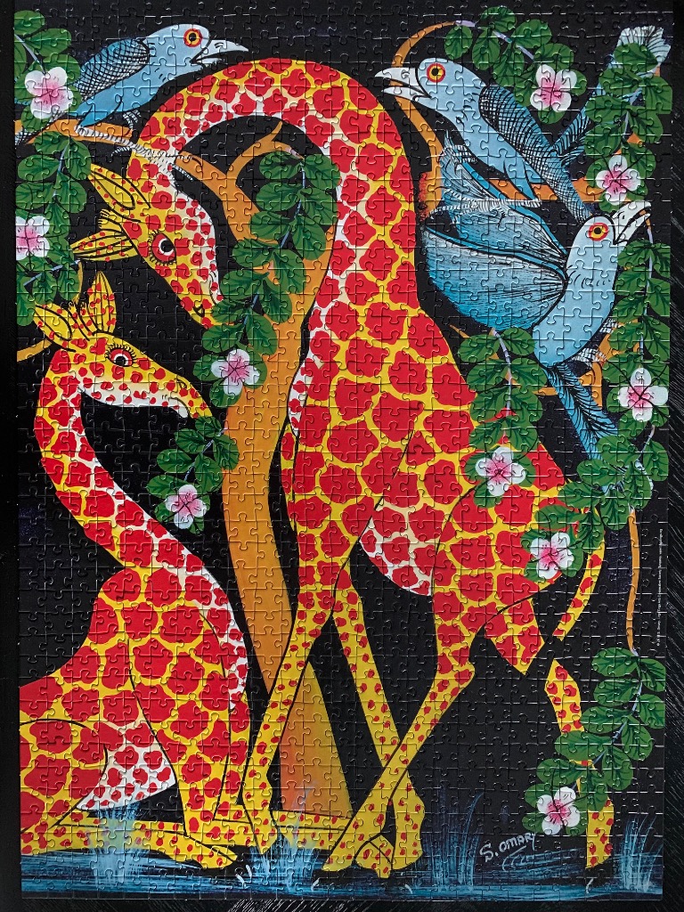 Stylized illustration of two giraffes among foliage and birds against a black background.