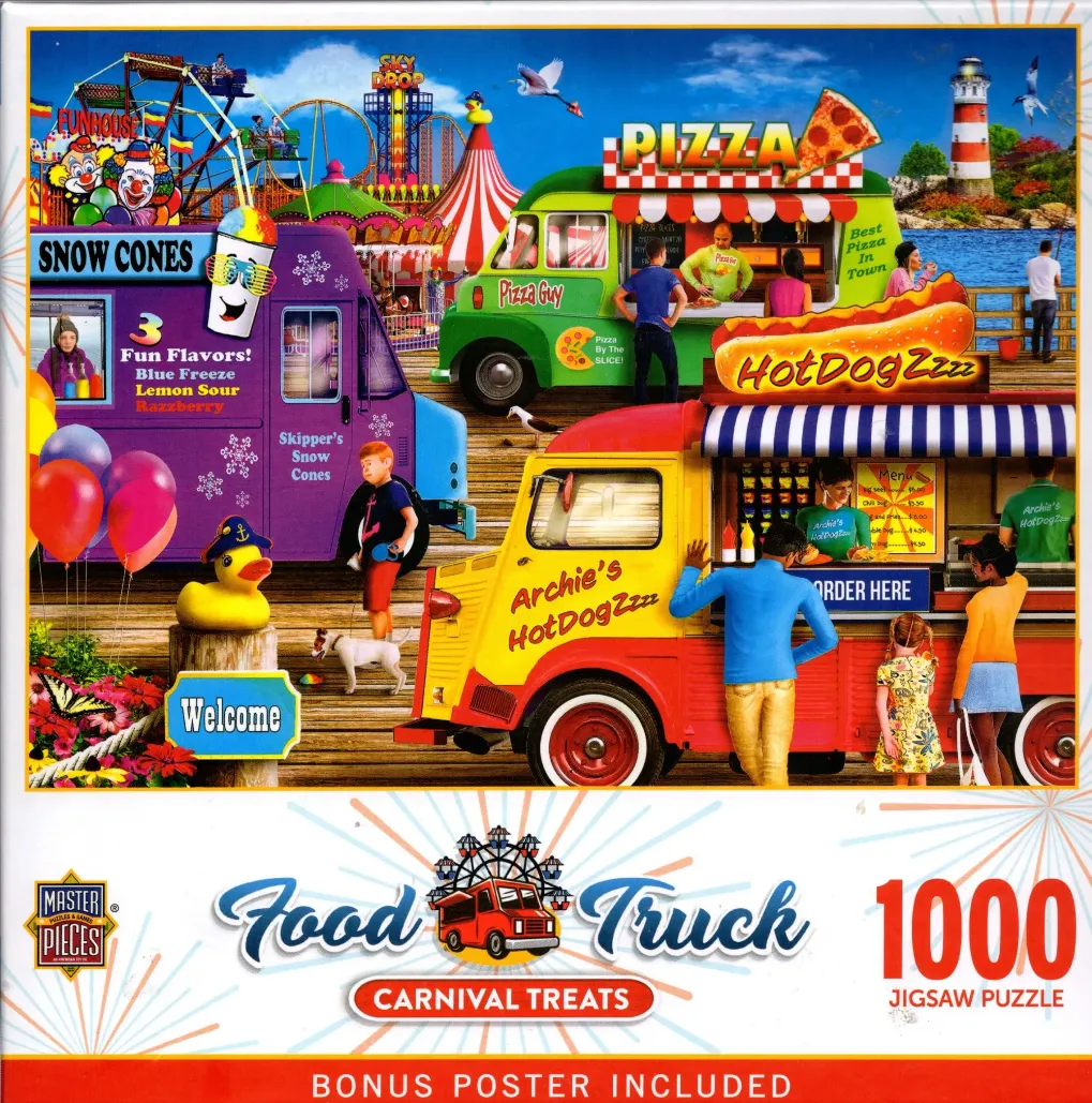 A colorful boardwalk scene featuring a bright purple snow cone truck, a green pizza truck, and a yellow hot dog truck.