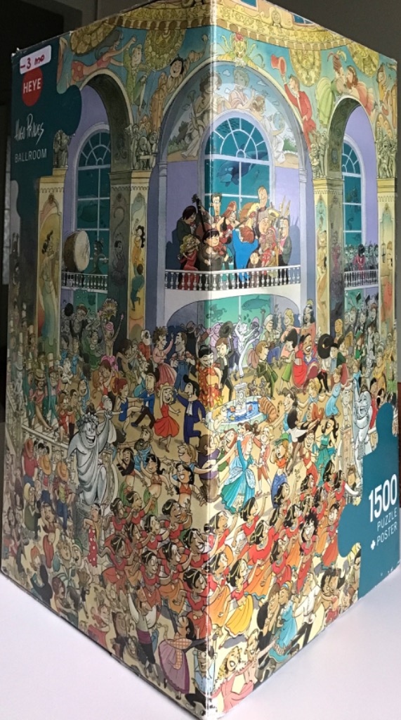 Cartoon-style illustration of a crowded, chaotic ballroom scene with musicians and dancers.