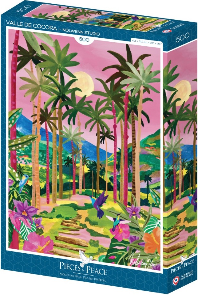Illustration of the Cocora Valley with tall palm trees, hummingbirds, and vibrant flowers against a pink sunset sky.