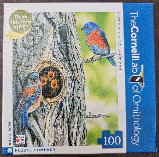 Two eastern bluebirds perched on a textured tree trunk with a nesting hole containing three chicks.