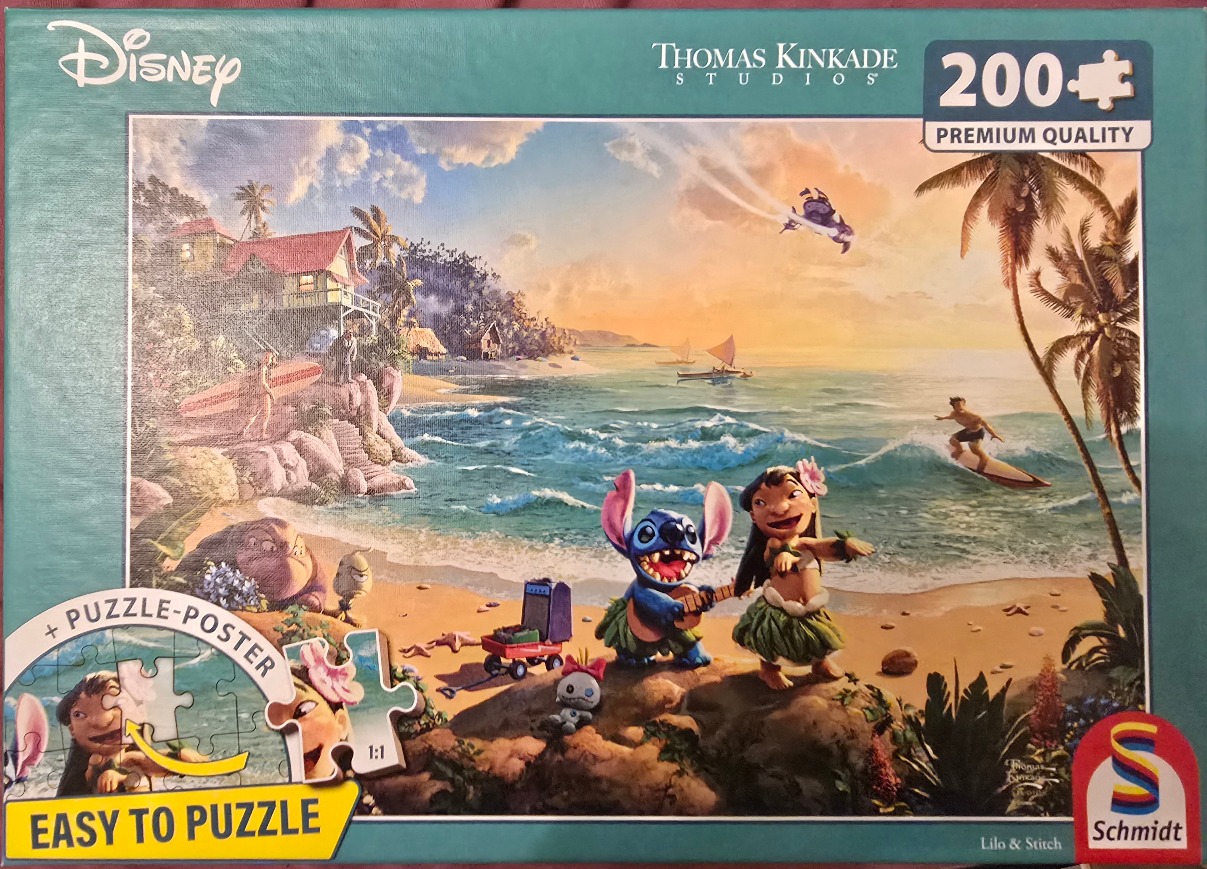 Lilo and Stitch in a sunny Hawaiian beach scene at sunset