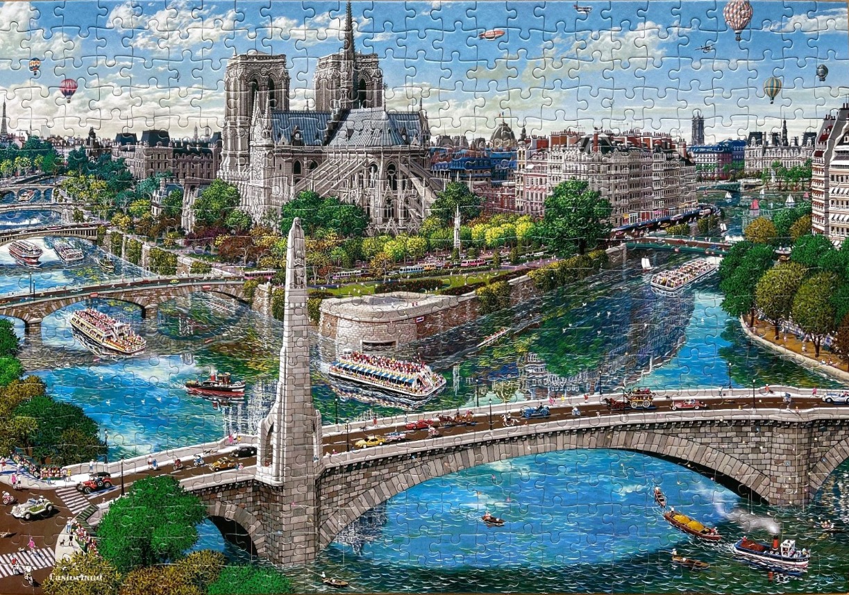 Illustration of Notre Dame cathedral and the Seine River in Paris with bridges, boats, and hot air balloons.