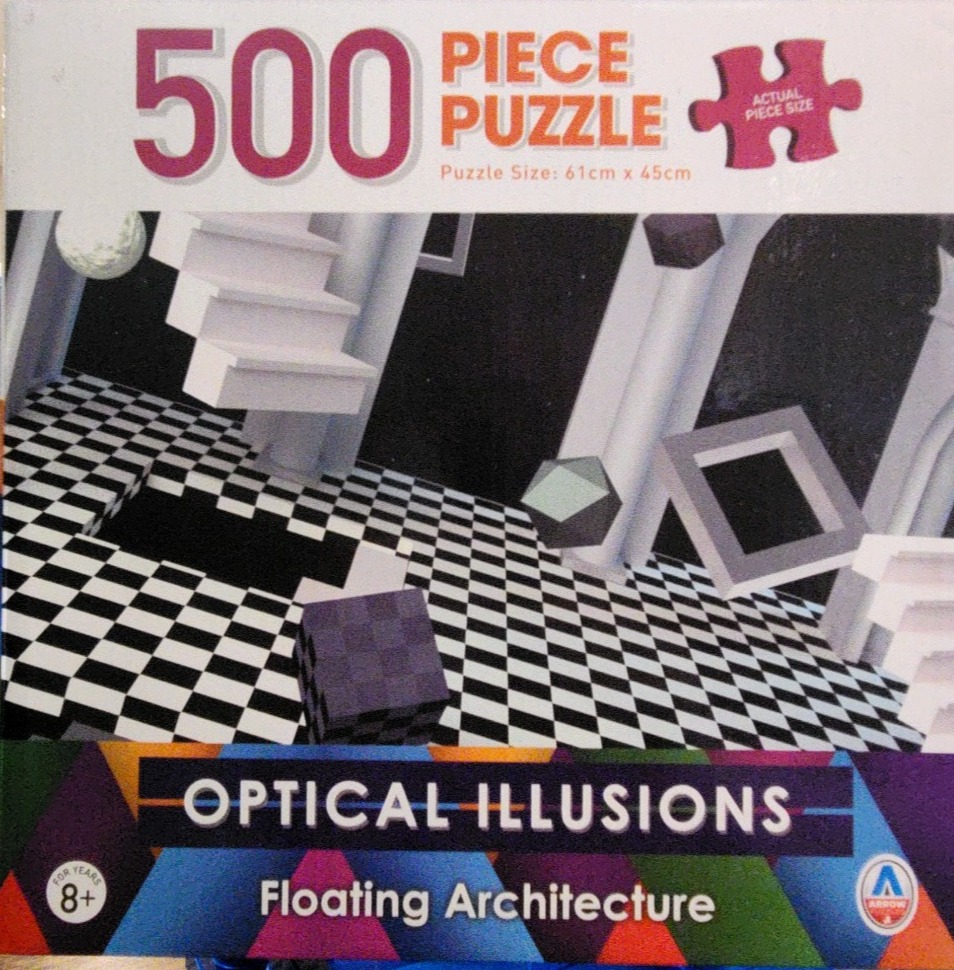 Surreal illustration of floating architectural elements over a black and white checkerboard floor.