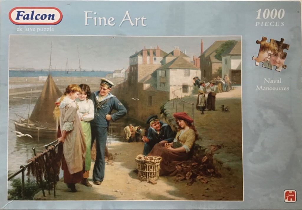 A Victorian-era coastal scene featuring sailors and young women socializing on a harbor path.