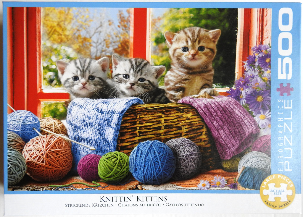 Three kittens sitting in a wicker basket surrounded by colorful balls of yarn in front of a window.