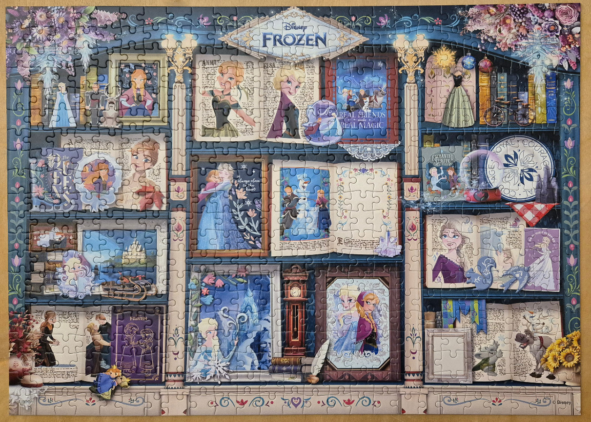 A whimsical collage of Disney Frozen characters, books, and artifacts arranged on ornate shelves.