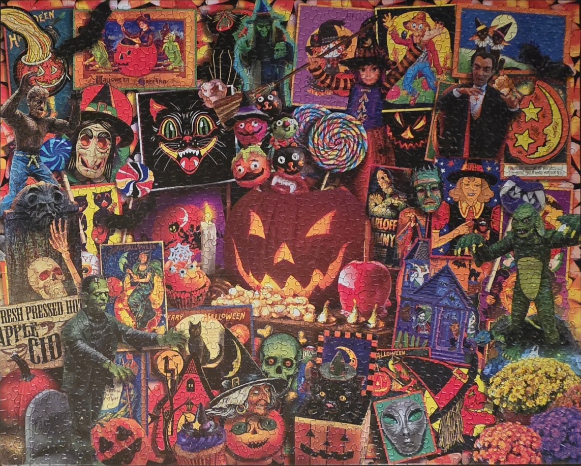 A collage of vintage Halloween imagery including monsters, pumpkins, and classic greeting card illustrations.
