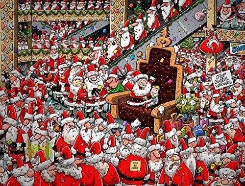 A crowded illustration featuring hundreds of Santas in a shopping mall setting with one Santa sitting on a throne.